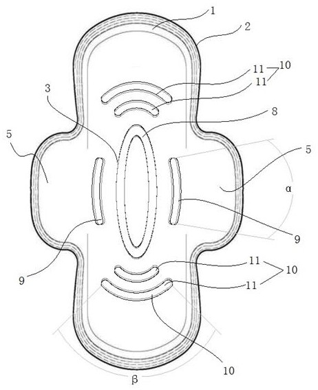 卫生巾两侧设有护翼,护翼背面设有长方形粘接处,结构简单,设计合理