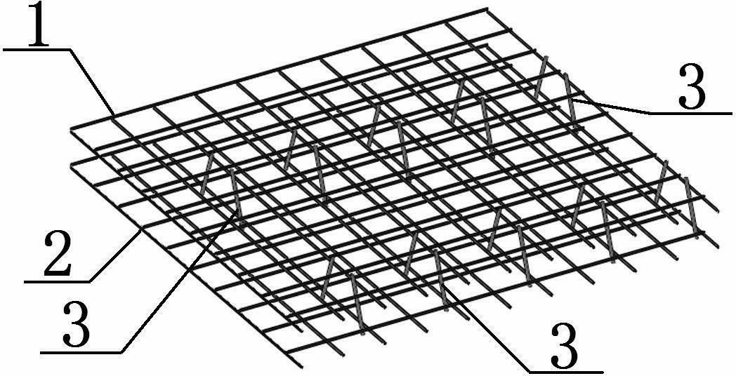 采用小直径小间距的双层双向钢丝网片斜插钢筋焊接固定成空间网架