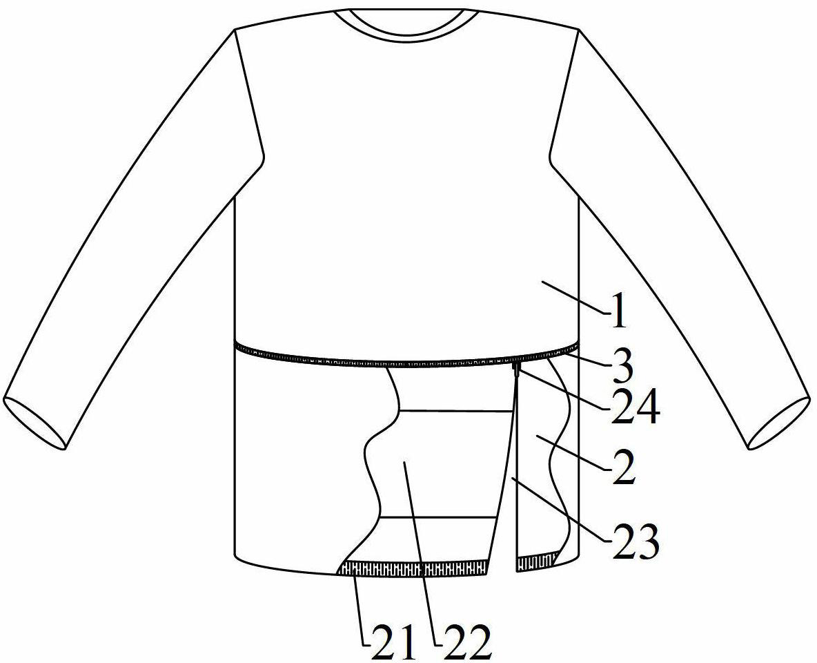 内摆与内衣本体通过缝合带缝合连接,内摆下周设有松紧带,内摆侧面开有