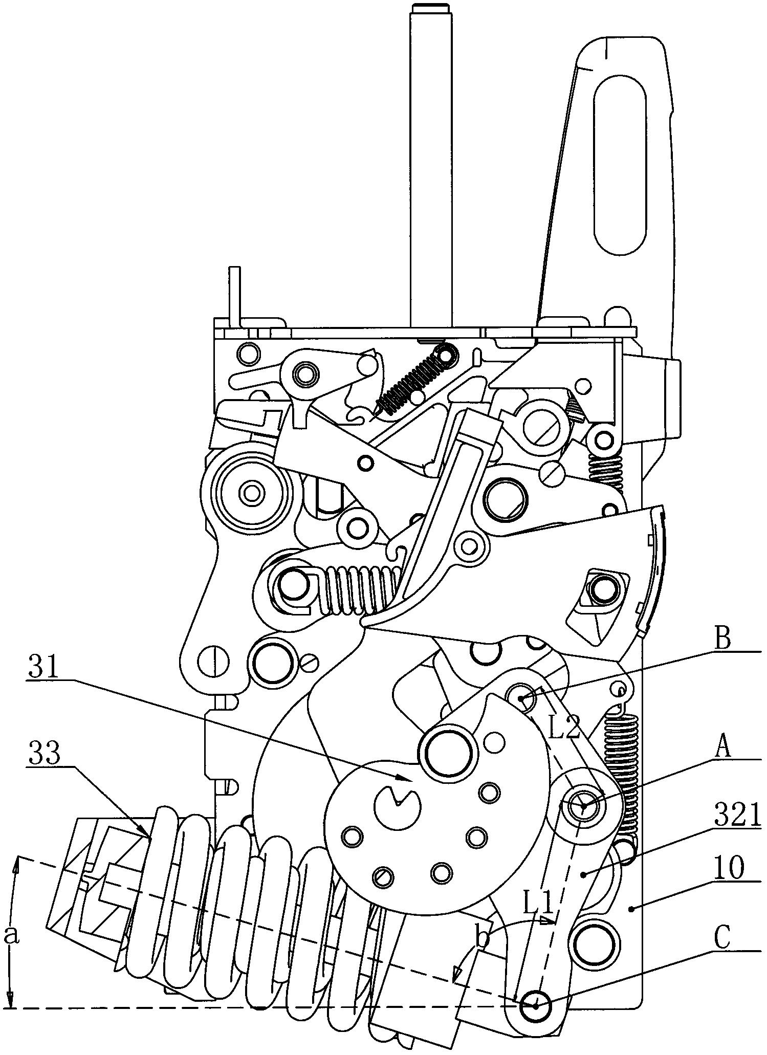 传动组件,储能装置包括凸轮组件,储能杠杆组件,弹簧组件,储能杠杆组件