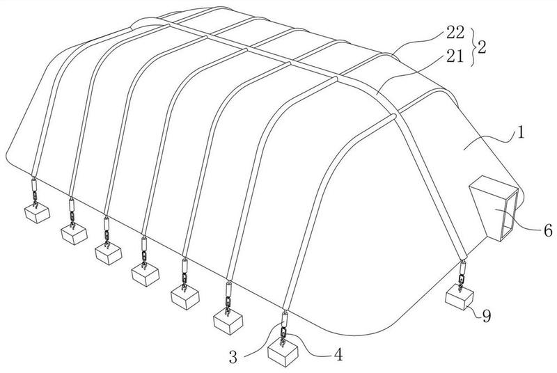 图摘要本实用新型公开一种气承式膜结构,包括气膜,气膜地基和充气肋管