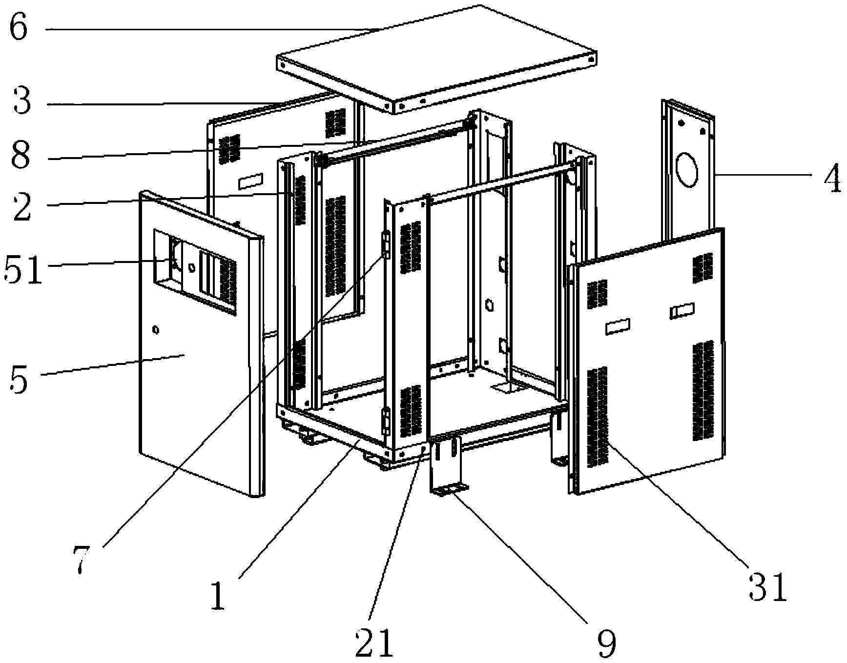 钣金外壳,包括框架底座,4根支撑立柱和密封安装板,框架底座呈矩形结构