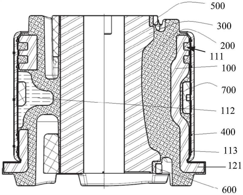 所述副车架液压衬套内笼呈圆柱形笼状结构,包括圆环形上段部,圆环形下
