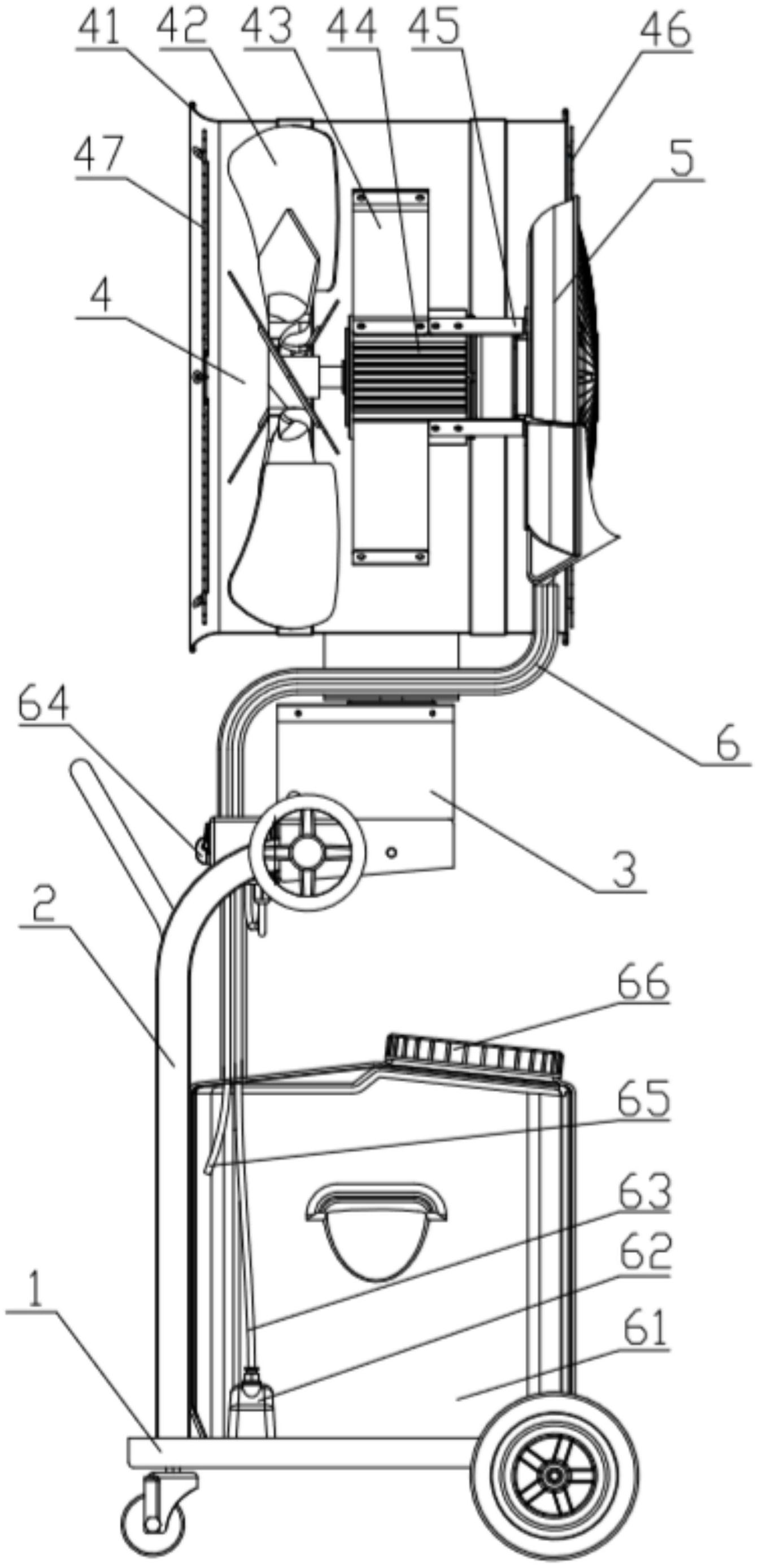 以及設置在所述車架底座上的供水機構,風機組件以及霧化裝置;所述車架