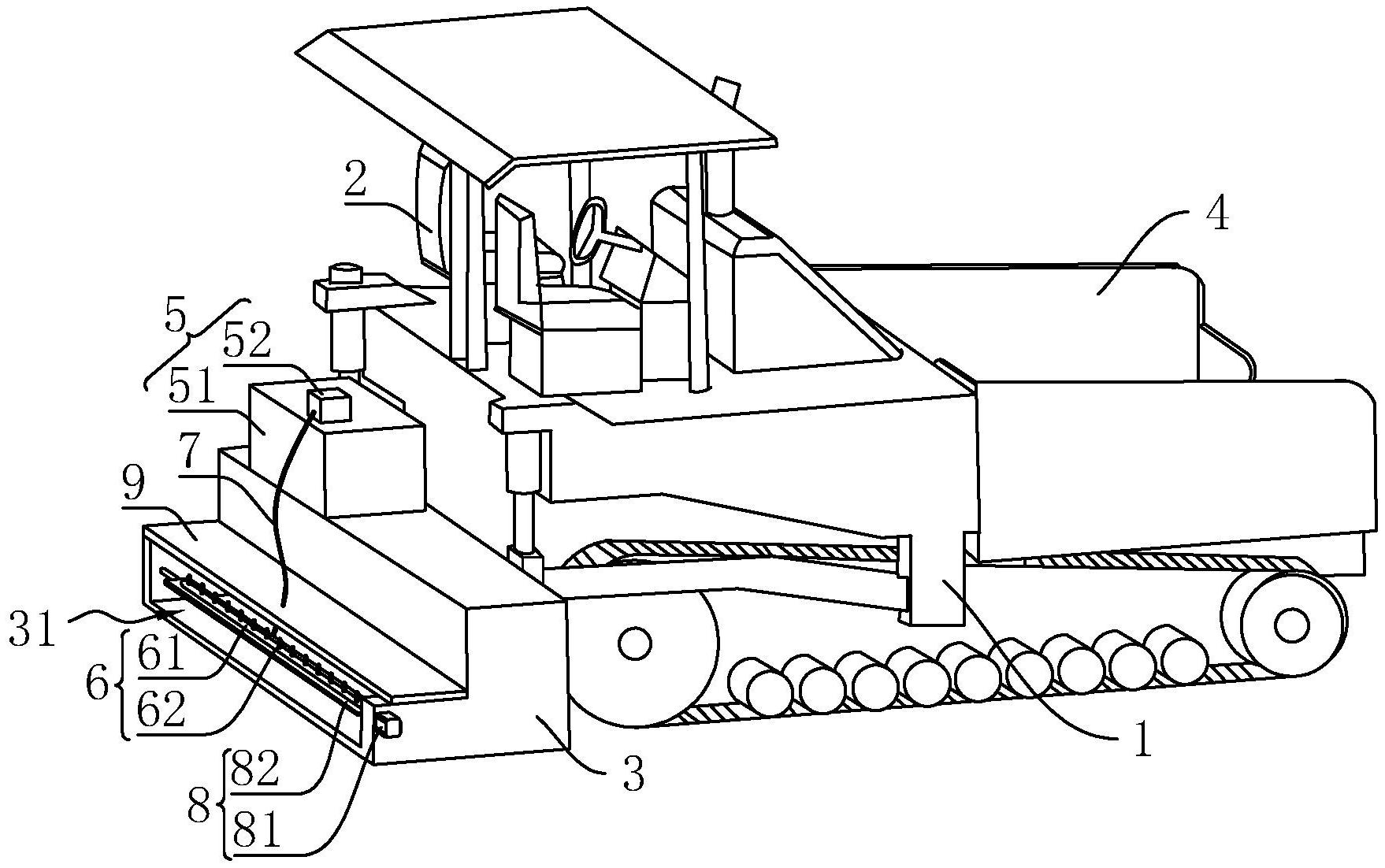 涉及建筑施工设备的领域,包括摊铺机本体,驾驶室,熨平板和进料斗,还