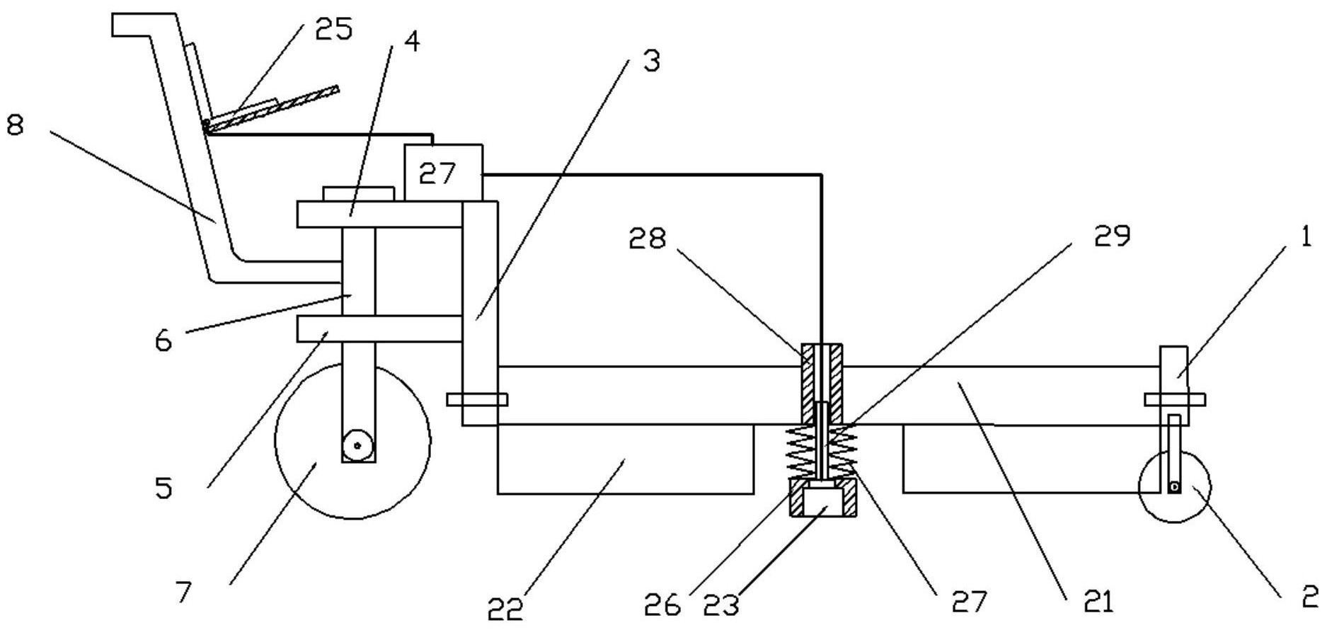 形车架的前端两端安装有定位轮,框形车架的后端向上弯折形成竖直车背