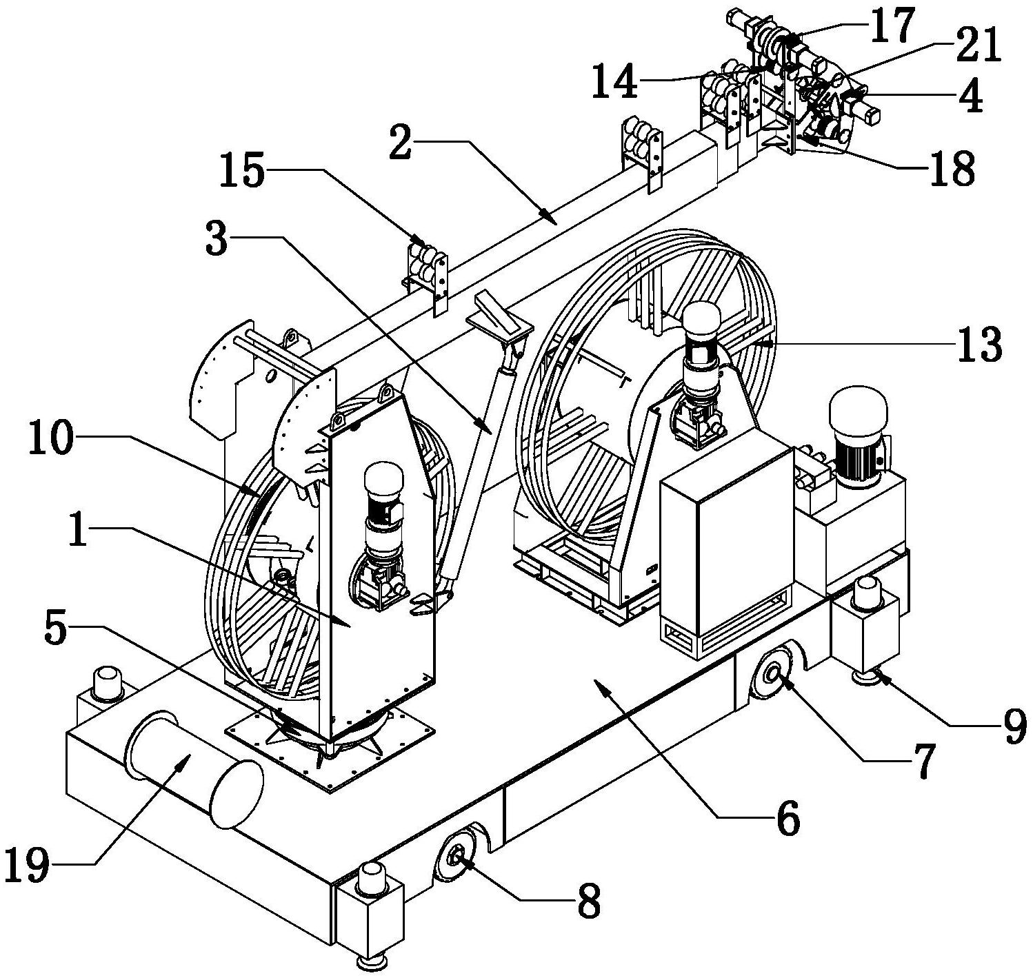 它包括支座,液压伸缩臂,液压支撑装置以及电缆输送机构,支座通过旋转