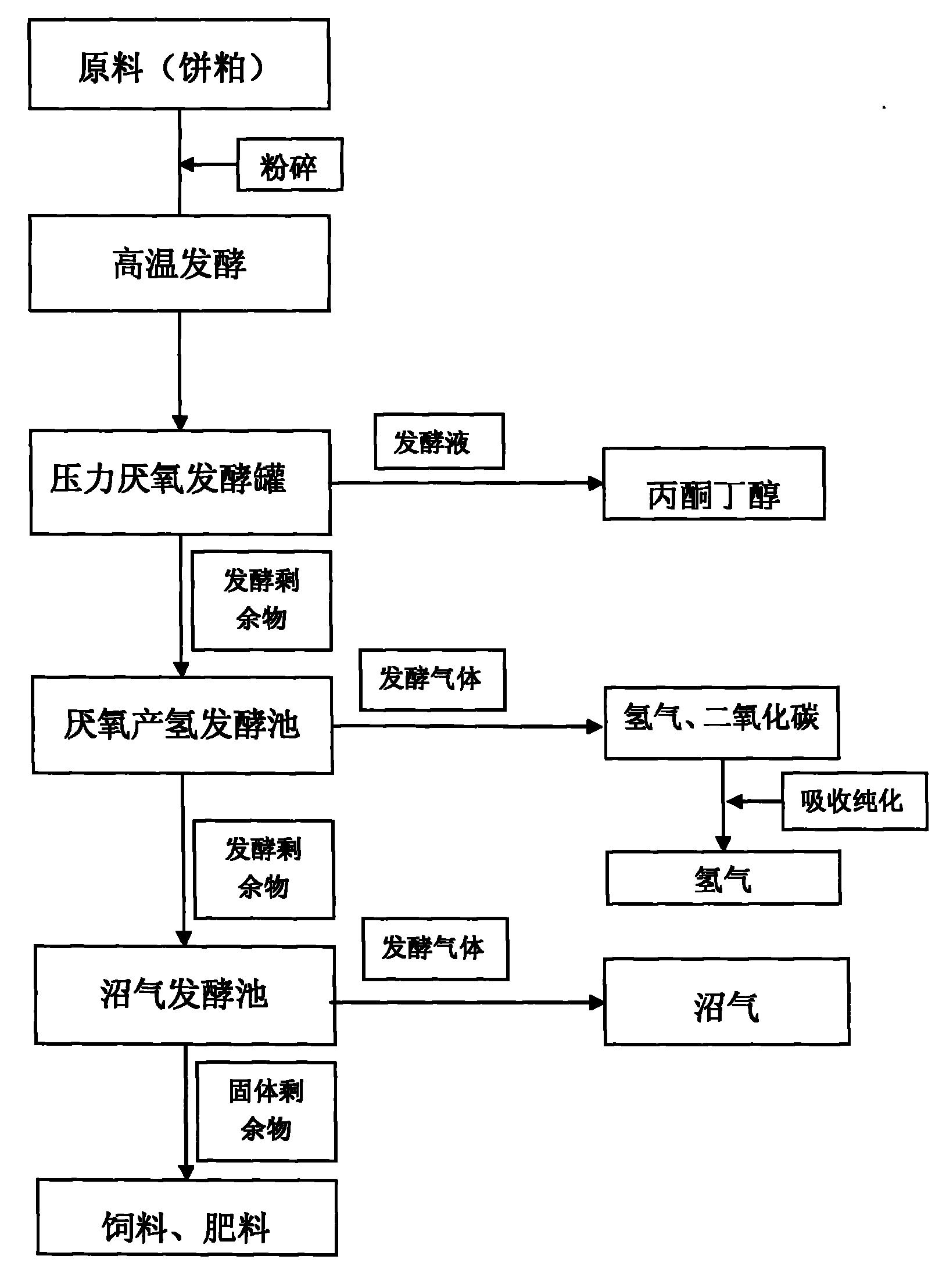 丁醇混合液和氢气,甲烷气的制备方法,其特征是:以生物质饼粕为原料,经