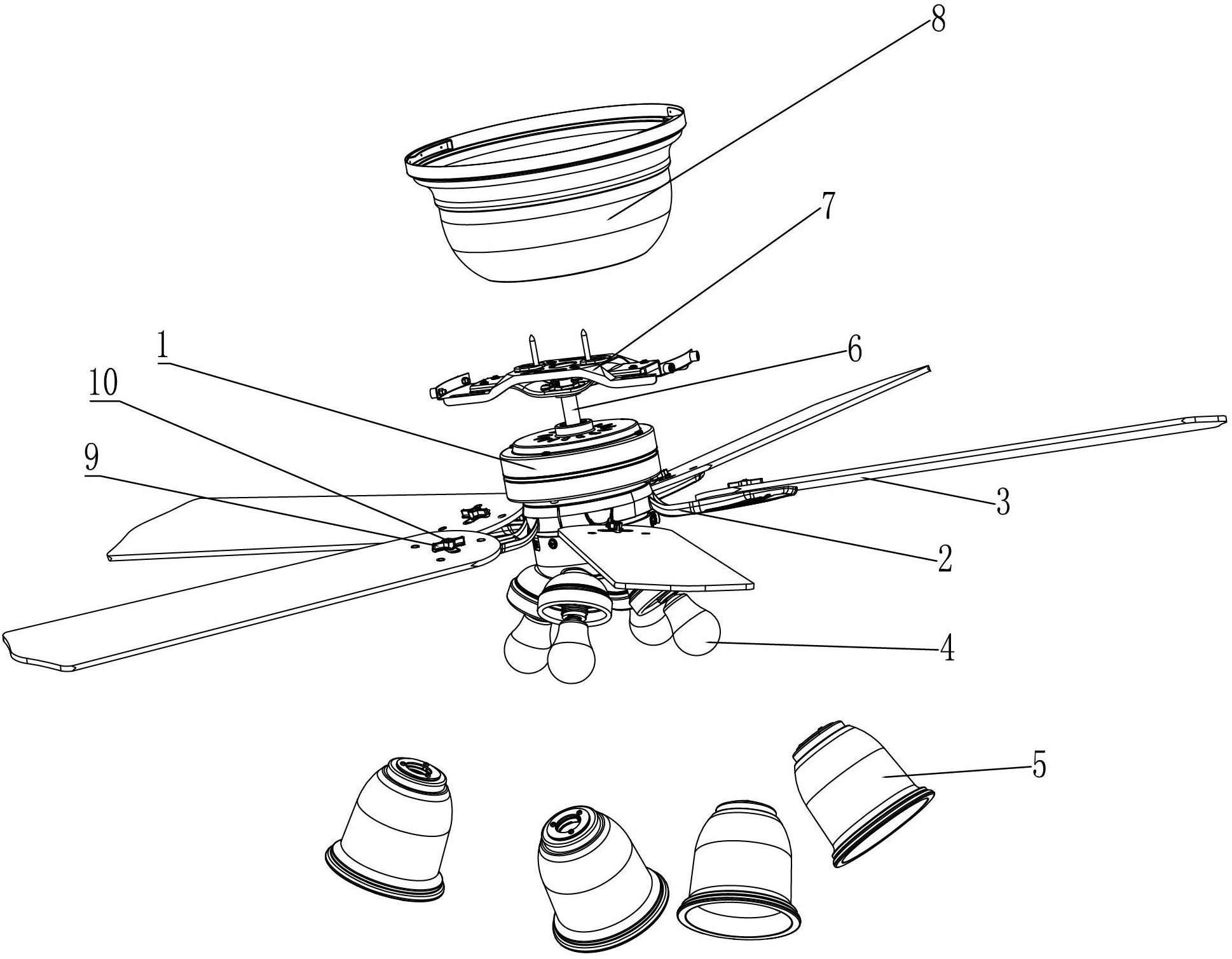 吊扇,包括电机(1),在电机外壳(11)上通过连接定位结构(12)连接有多个