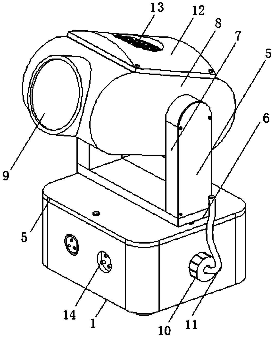 本实用新型公开了一种迷你摇头灯,包括箱体,箱体的箱内左侧设有安装框