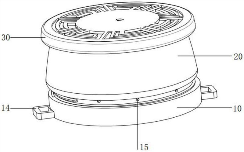 艾灸盒体及换气顶盖,其中:可调节底座呈套筒式螺旋结构,其包括螺纹