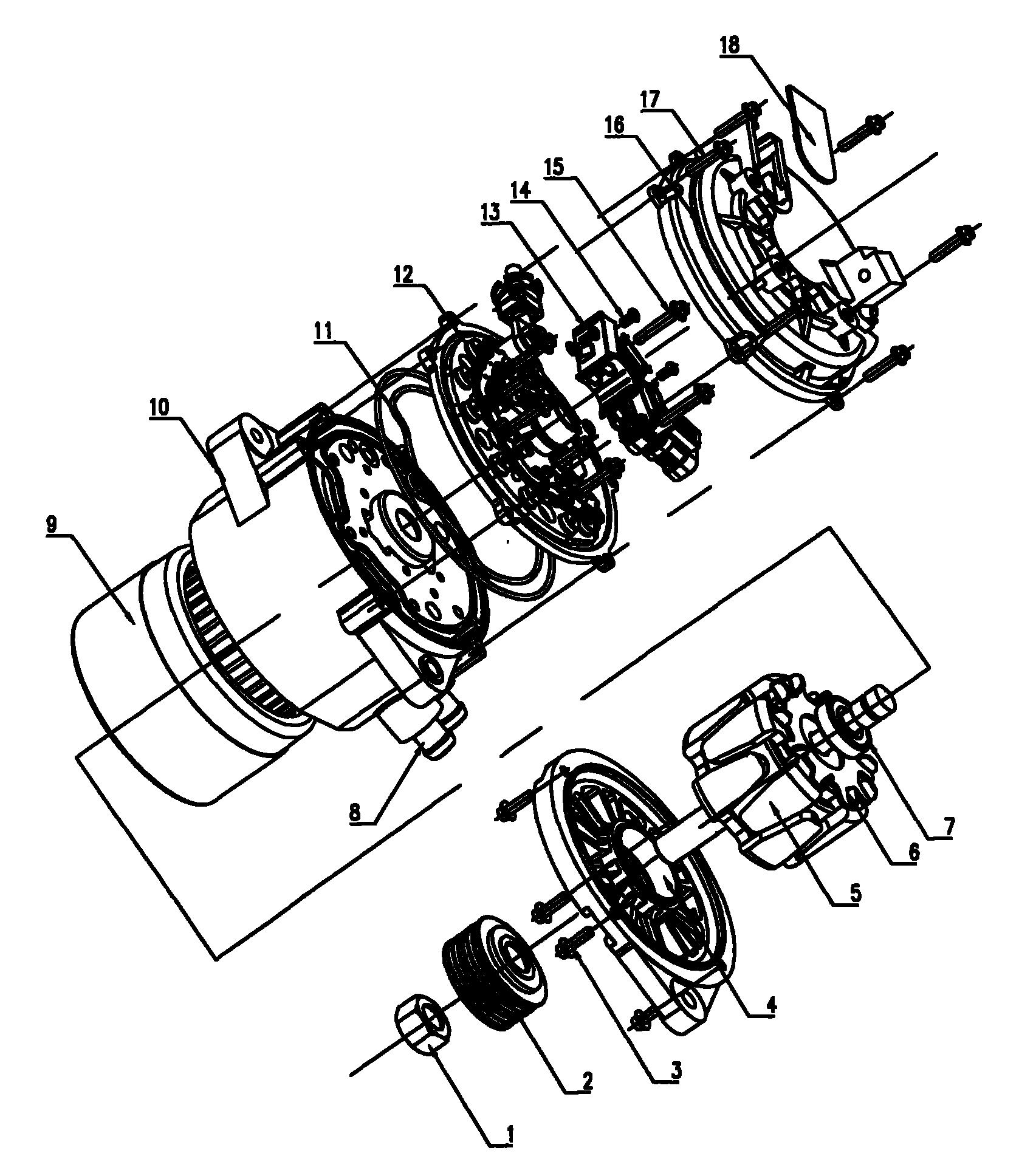一种水冷式汽车交流发电机,由标准螺母,皮带轮,标准螺杆,前端盖,转子