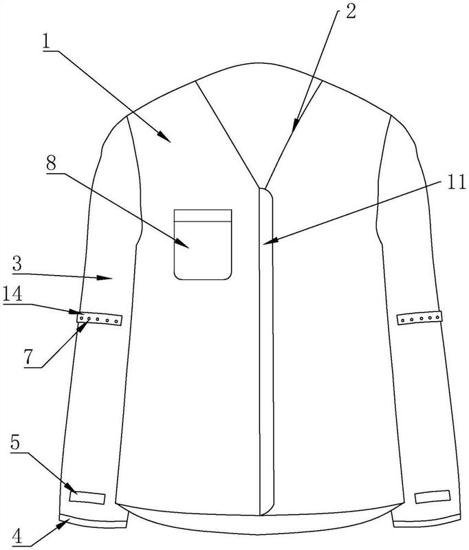所述上衣设置为正开襟结构,所述领口设置为"v"领结构,所述袖子设置为