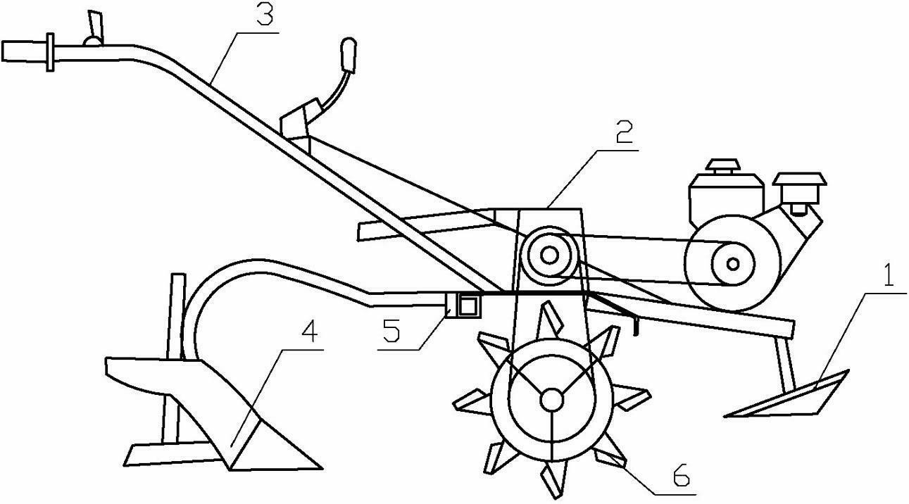 雙輥步耕機,它包括機架(2),機架(2)尾端中部設有安裝犁(4)的牽引套(5)