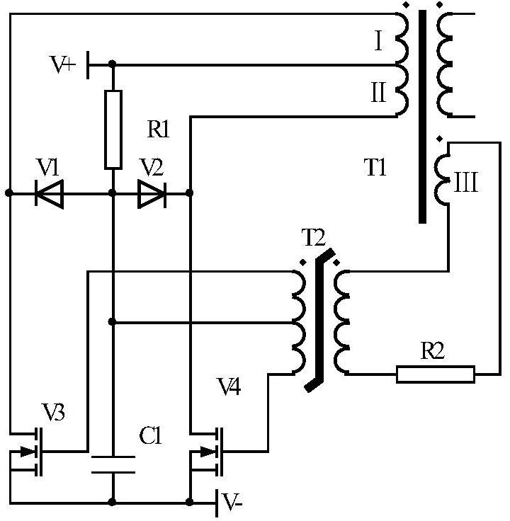 自激推挽式高频变换器,包括主功率变压器t1,饱和变压器t2,场效应管v3