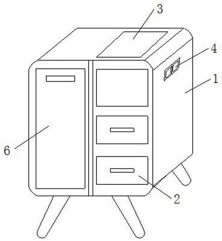 用品技术领域,针对传统的床头柜功能单一,放置物品通过格子抽屉隔断