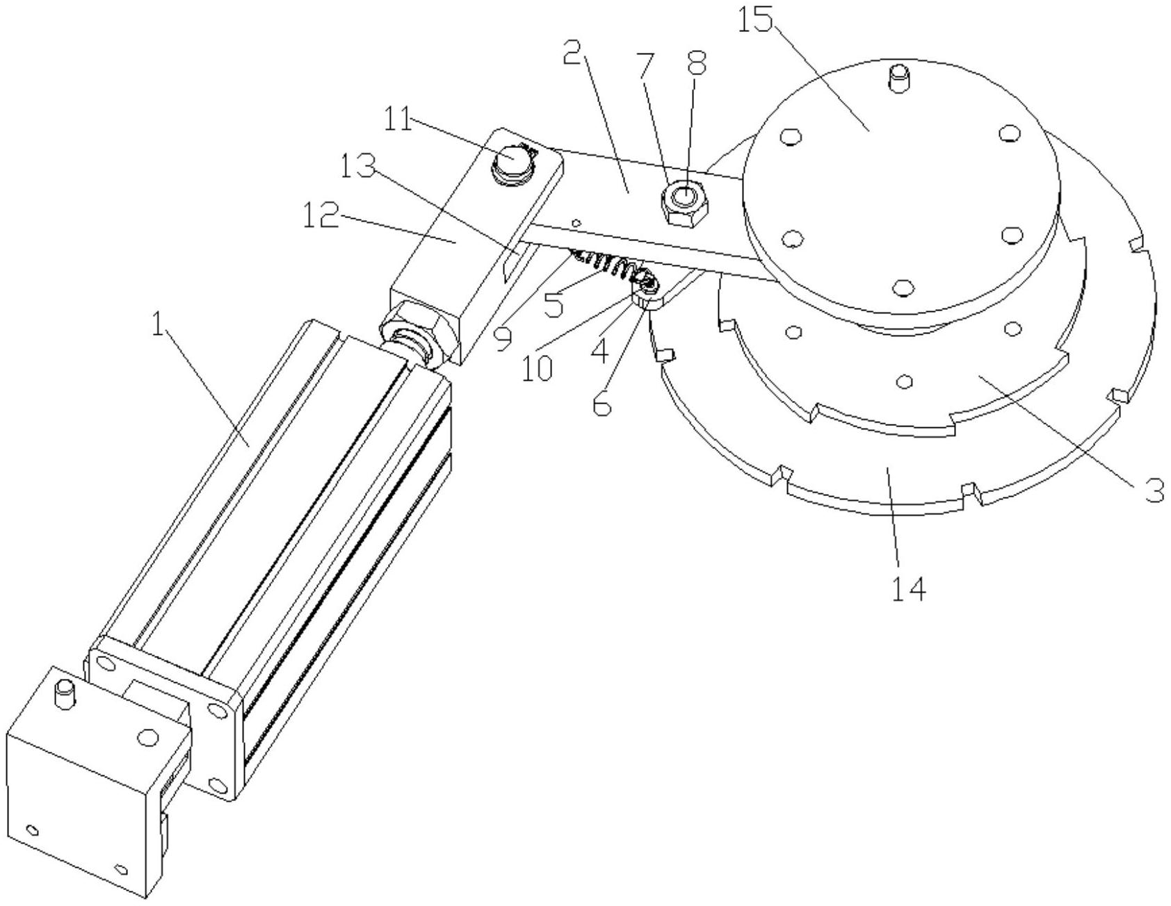 更具体地,涉及一种旋转控制机构包括传动气缸,连接臂和设置在转轴上的