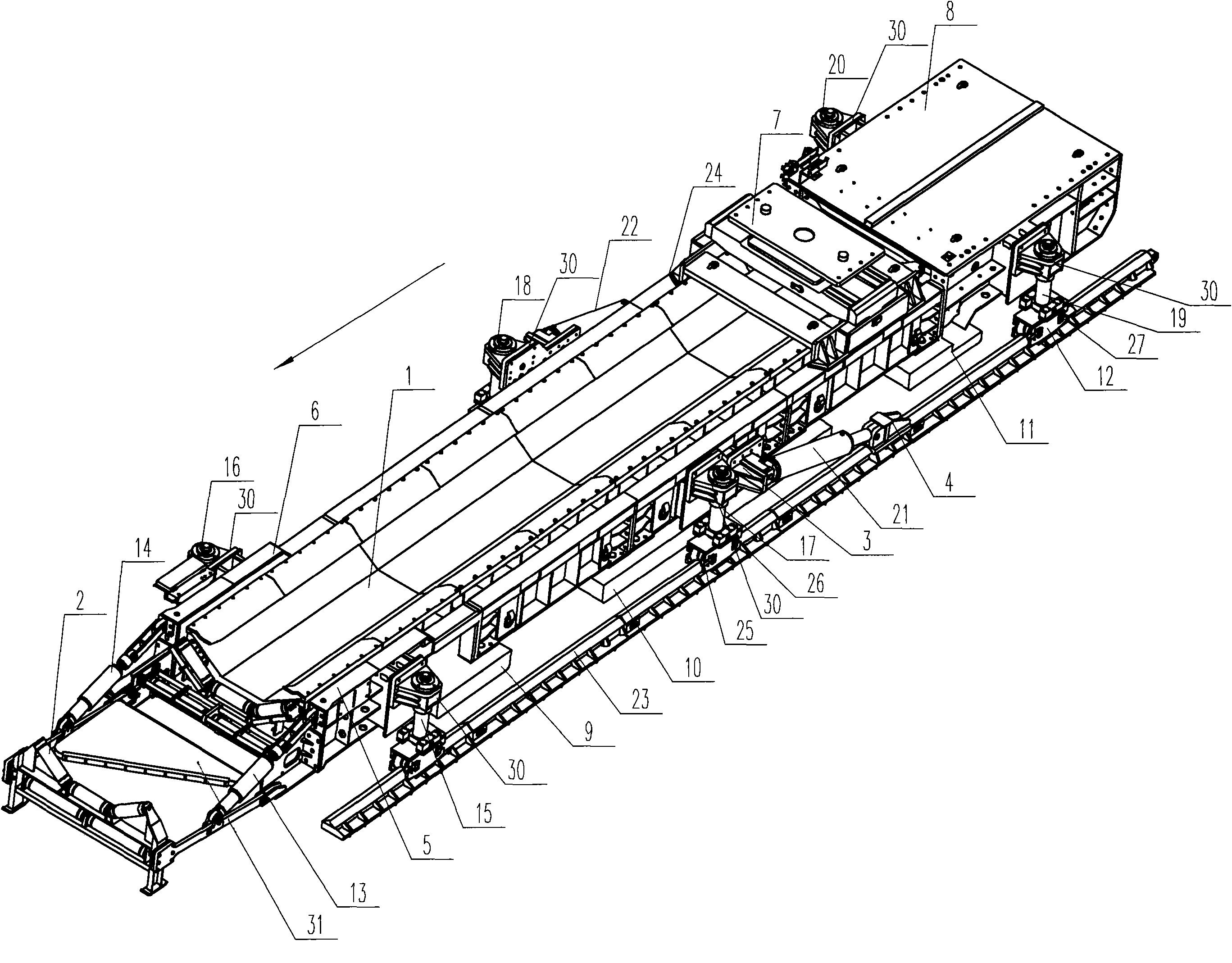 主要结构由机身,行走油缸,起落油缸,油缸座,滚轮架,导轨,浮动托辊