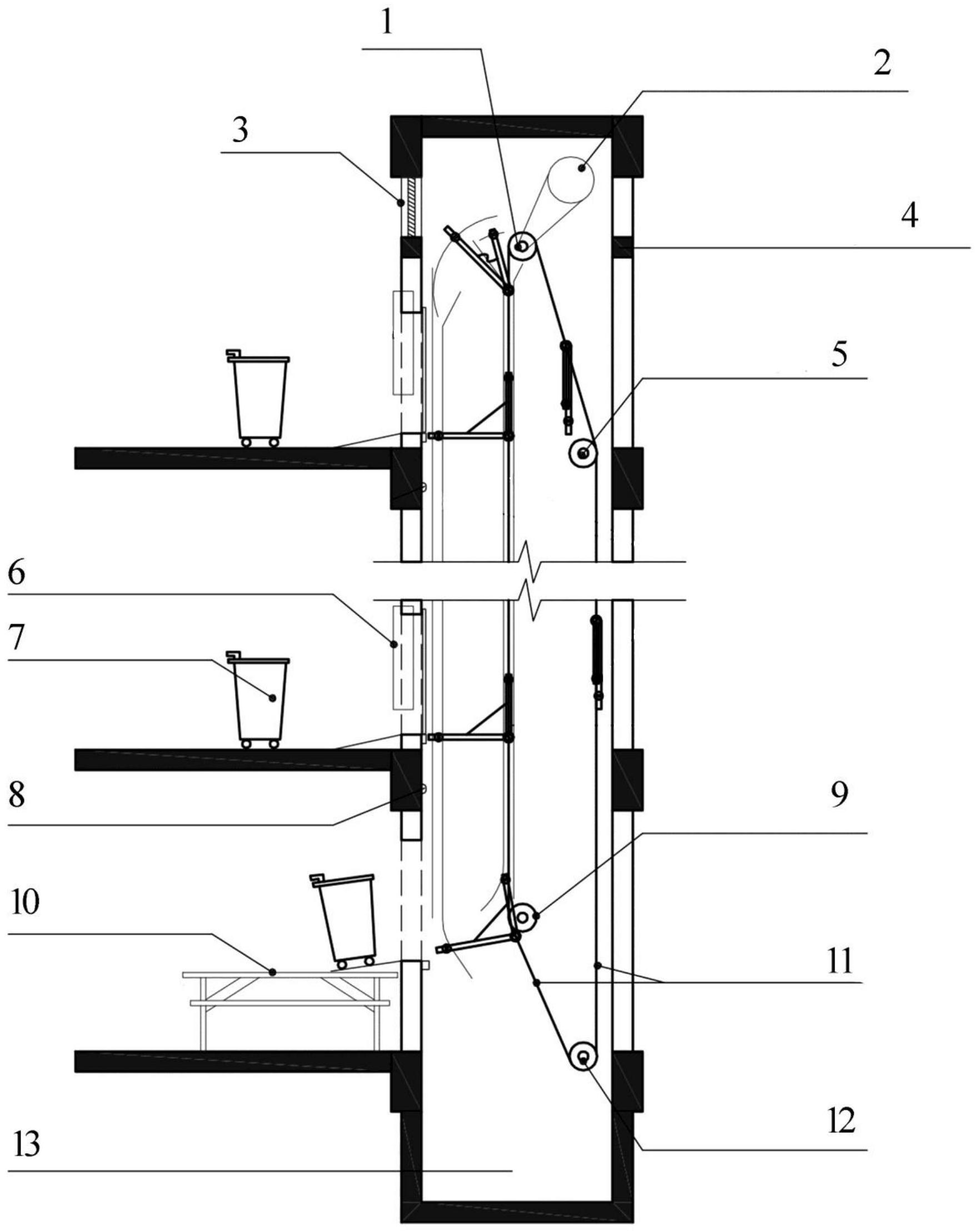 包括杂物梯通道,牵引部和轿厢部,轿厢部安装在所述牵引部上,杂物梯