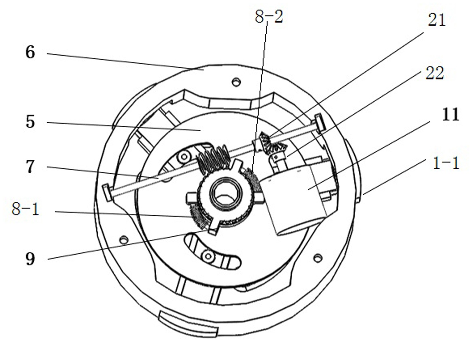 所述动力传动机构包括安装在外盖上且平放于刹车套中的电机,第一圆锥