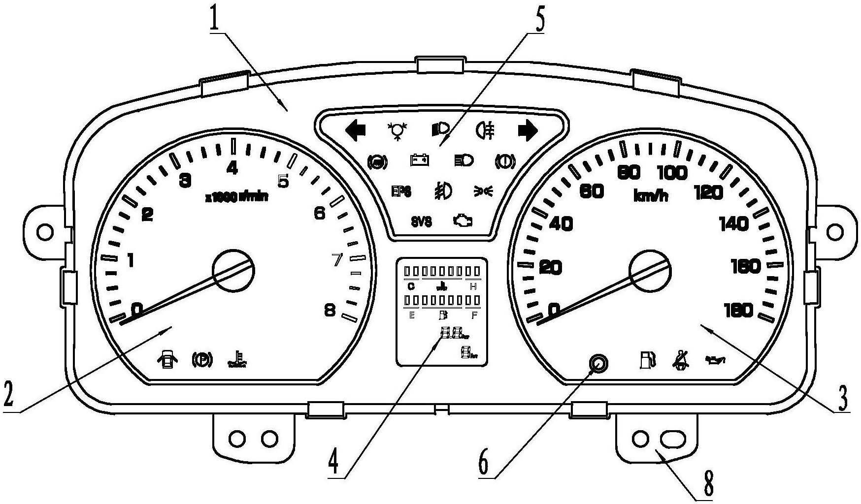 卡汽车组合仪表,其特征在于,在壳体的内部两侧分别设有转速表和里程表