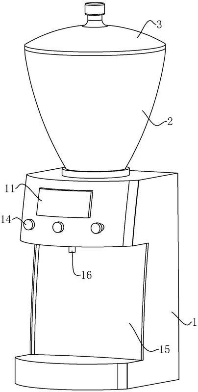 涉及咖啡研磨机技术领域,其包括基座,扣合在基座上用于盛装咖啡豆的