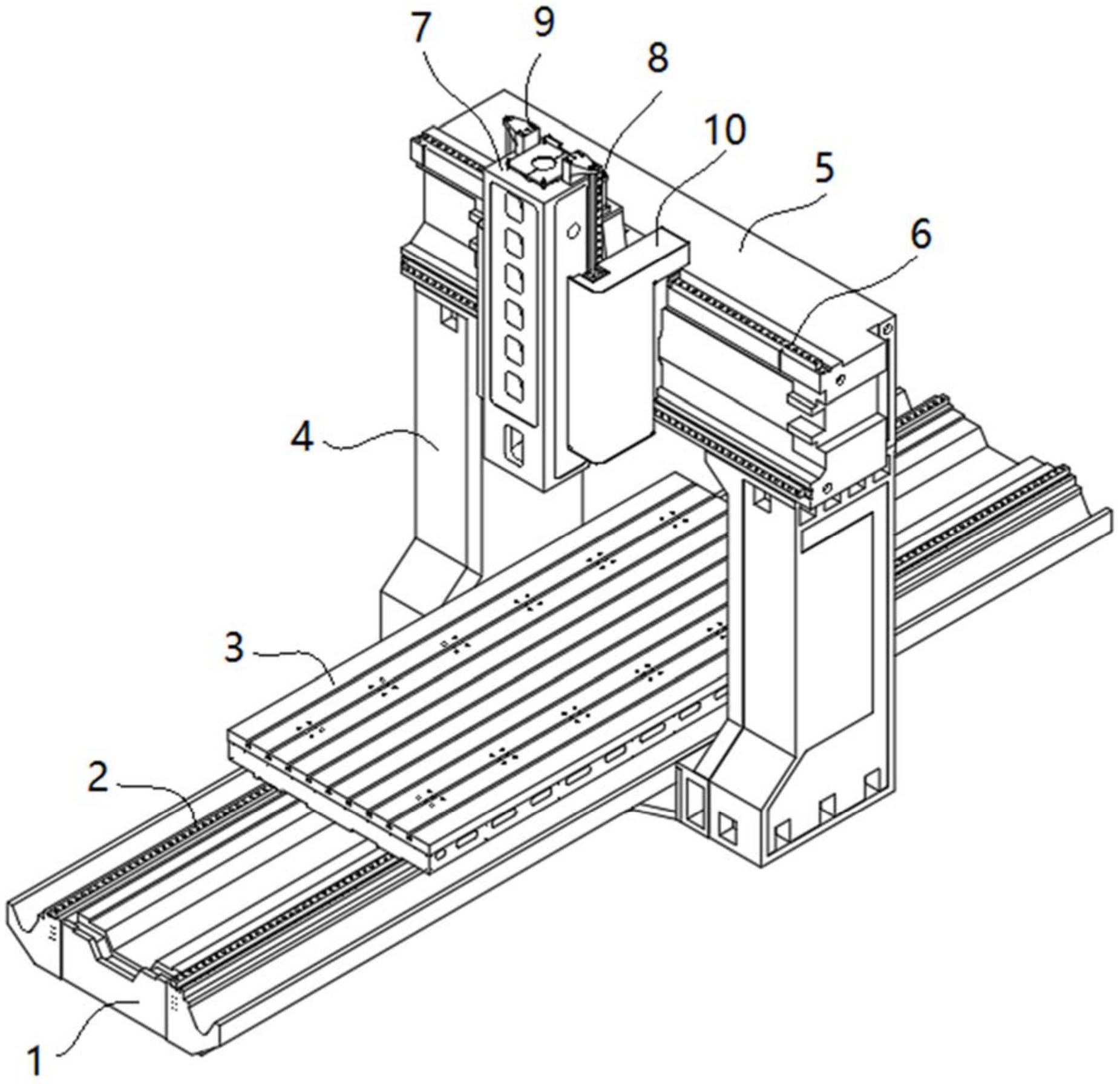 及其运动结构,包括机床床身,x轴线轨,工作台,立柱,横梁,y轴线轨和滑枕