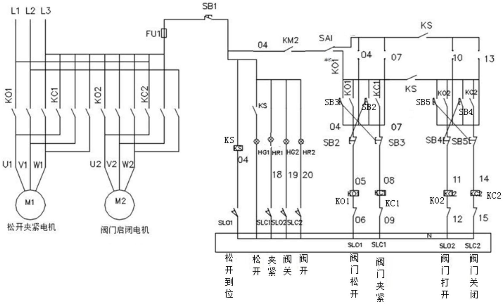 本实用新型实现电动蝶阀与电动盲板阀连锁控制,在蝶阀控制线路继电器