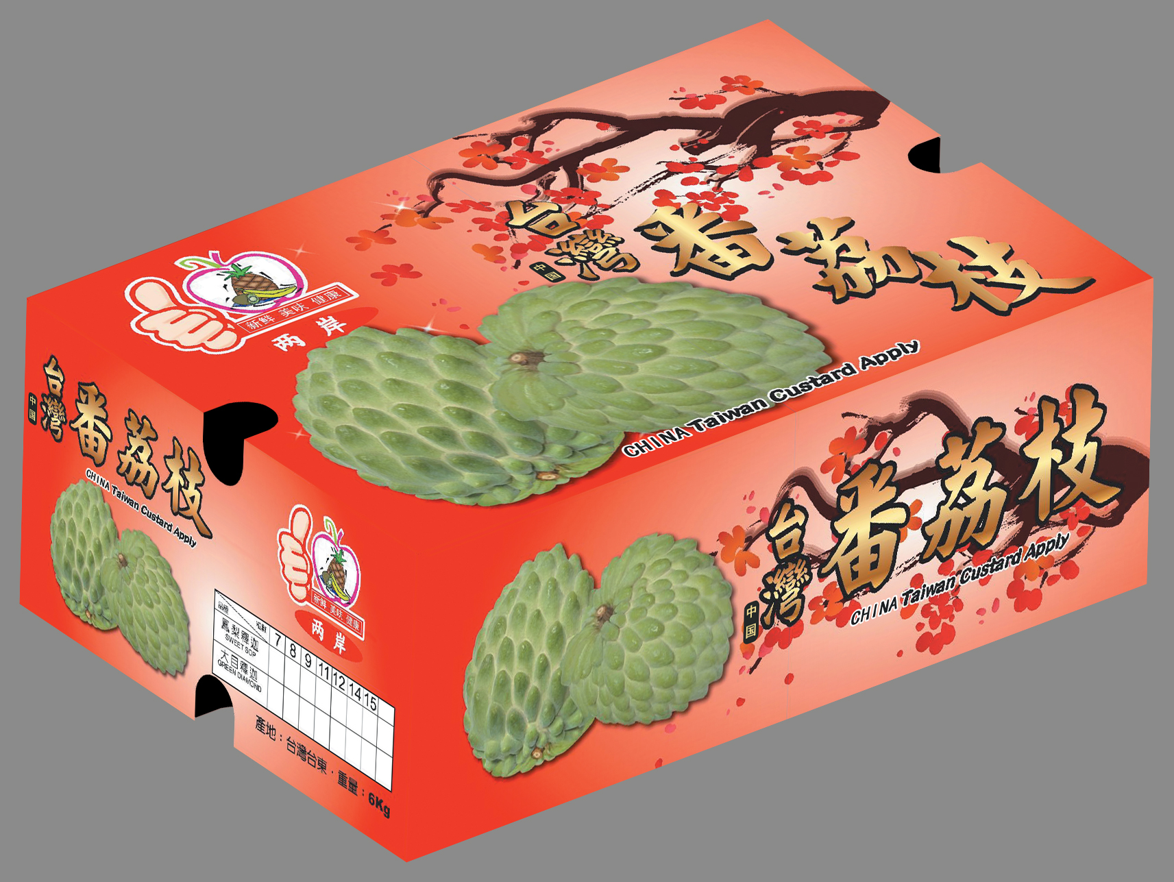 摘要附图摘要1本外观设计产品的名称:包装箱(两岸台湾番荔枝)2