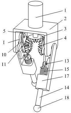 该双足机器人由伺服电机,电机支架,主动锥齿轮,从动锥齿轮,止回棘爪