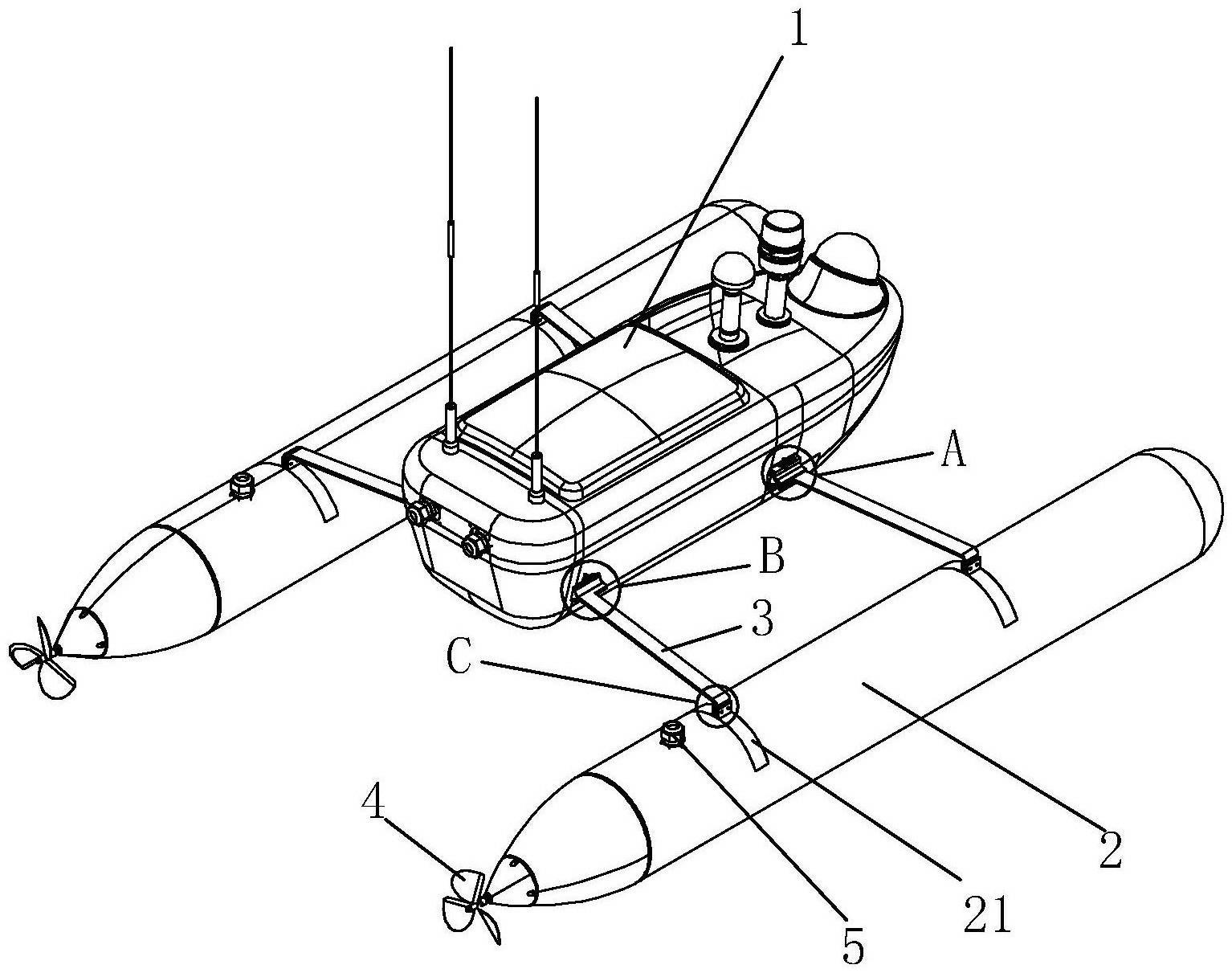 船体的两侧分别平行设置有浮筒,所述浮筒上设置有动力装置和进出水口