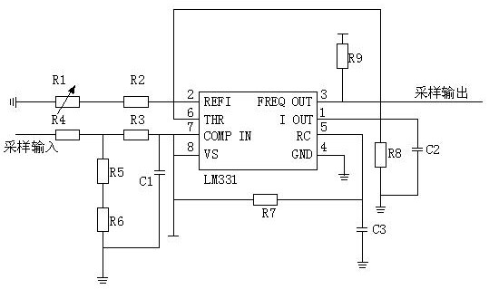 轉換器lm331的2腳連接電阻r2的一端,電阻r2的另一端連接電阻r1的一端