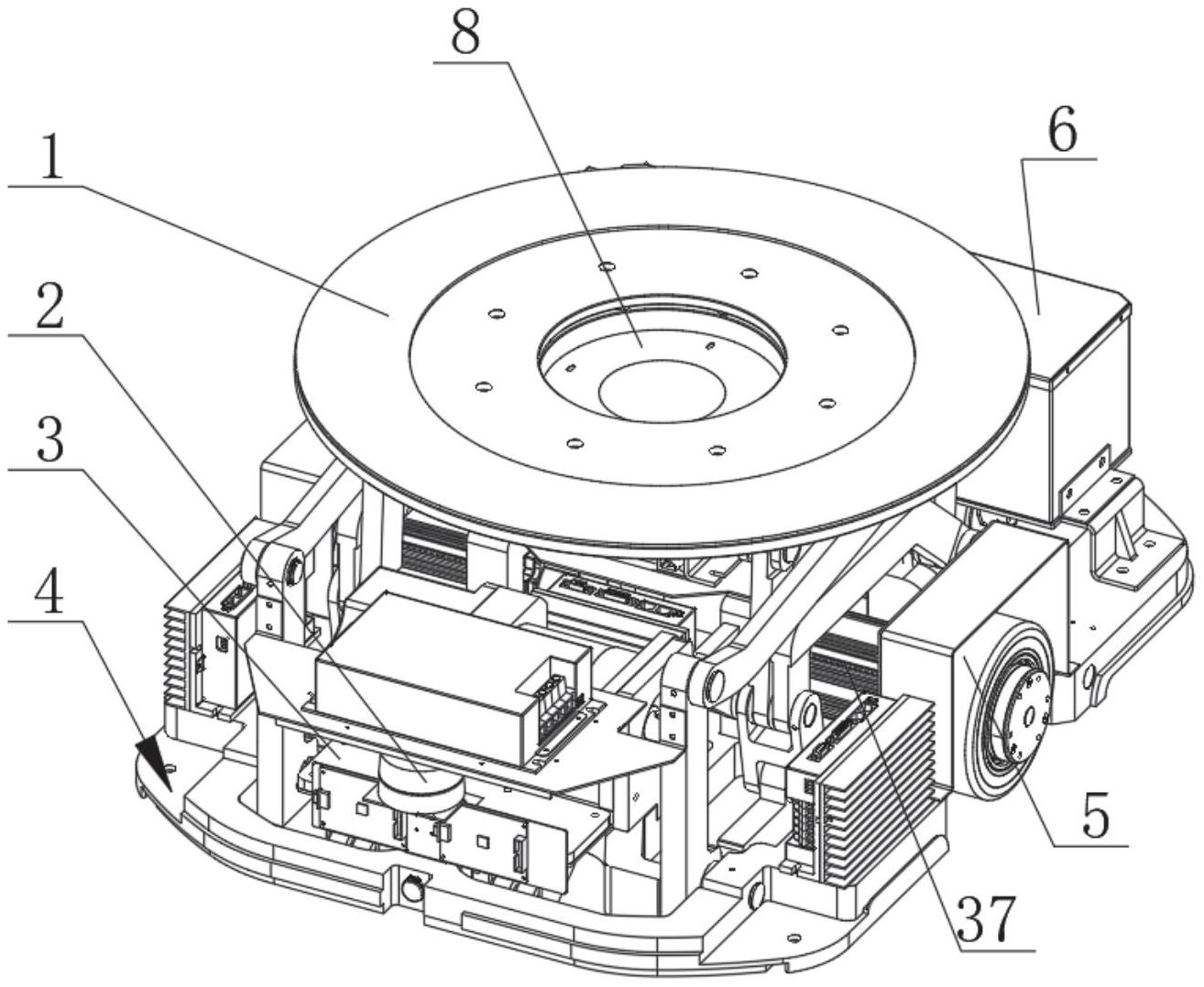 连接有安装面升高的顶升基座,其上方左右两侧各设一组平行四杆机构