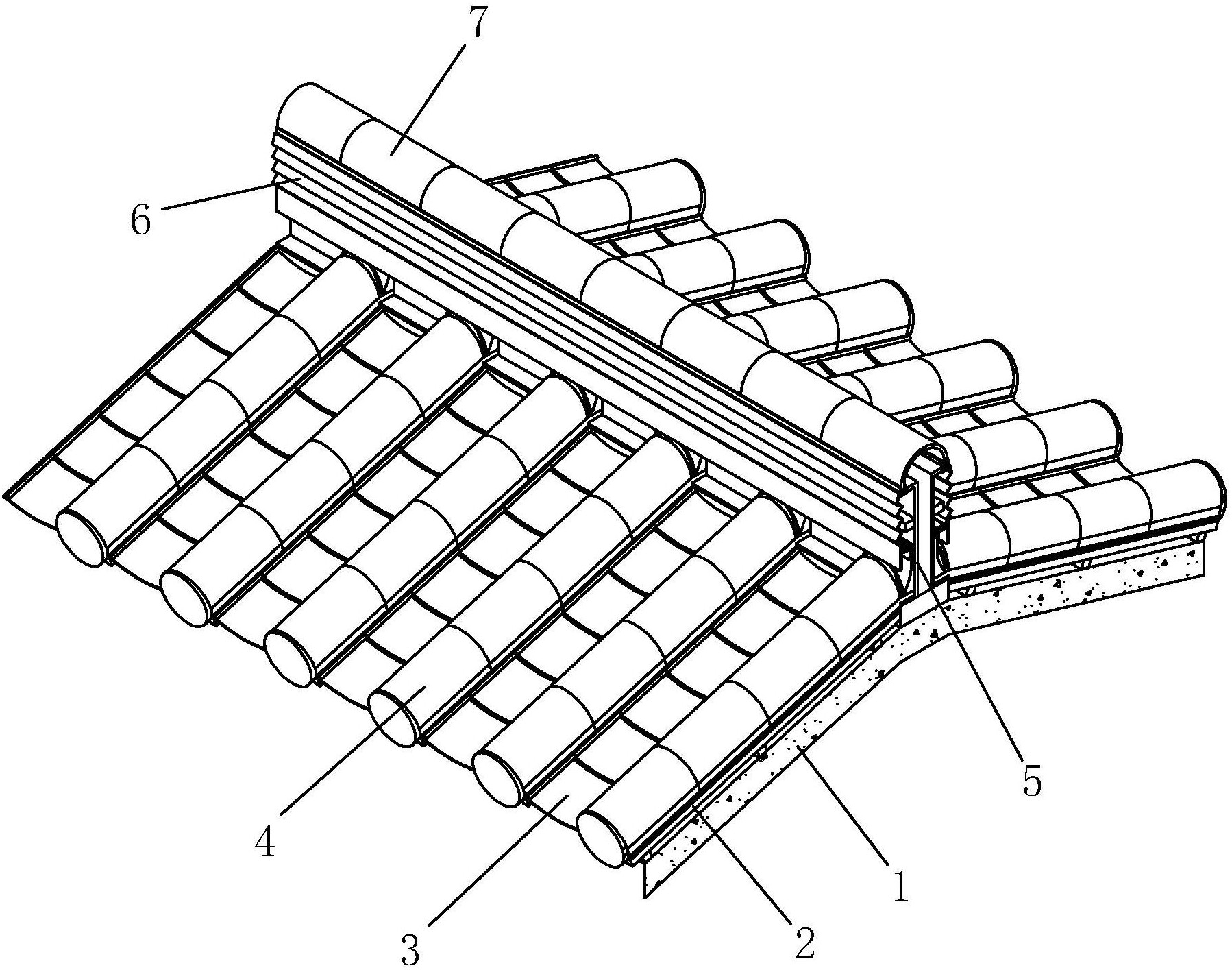 屋脊结构,其技术方案要点是包括通过龙骨固定在屋面上的底瓦和筒瓦,在