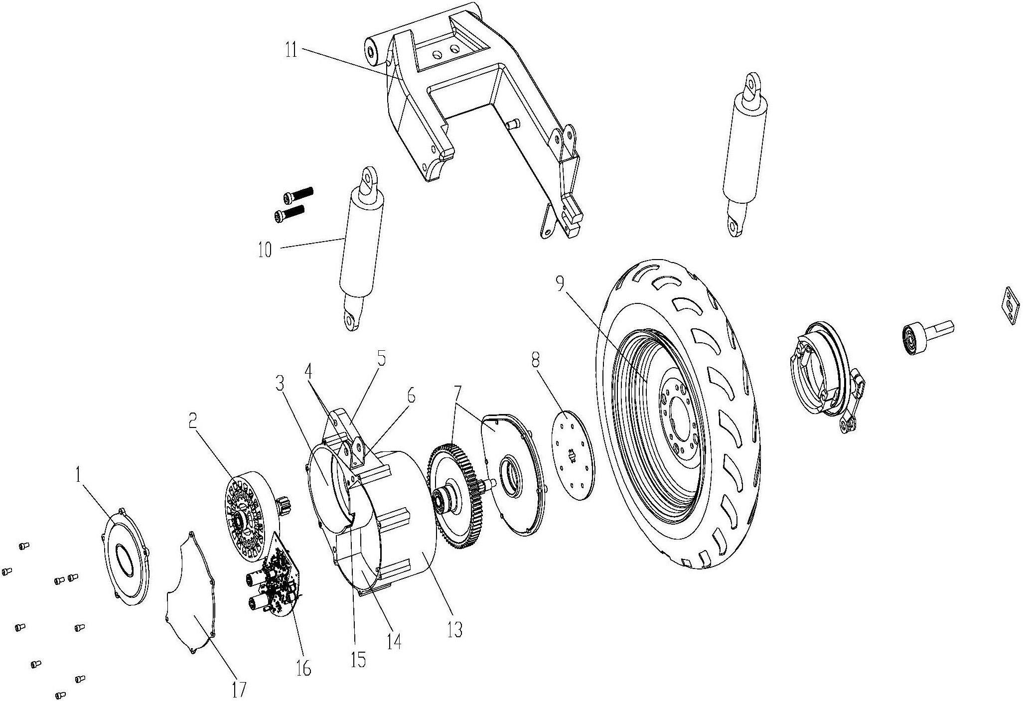 图摘要本实用新型提供的一种一体式两轮电动车侧挂动力机构,包括电机