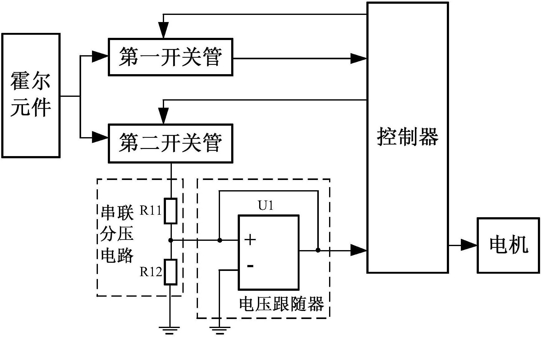 摘要附图摘要本发明涉及一种电动车防水转把控制电路,包括:霍尔元件