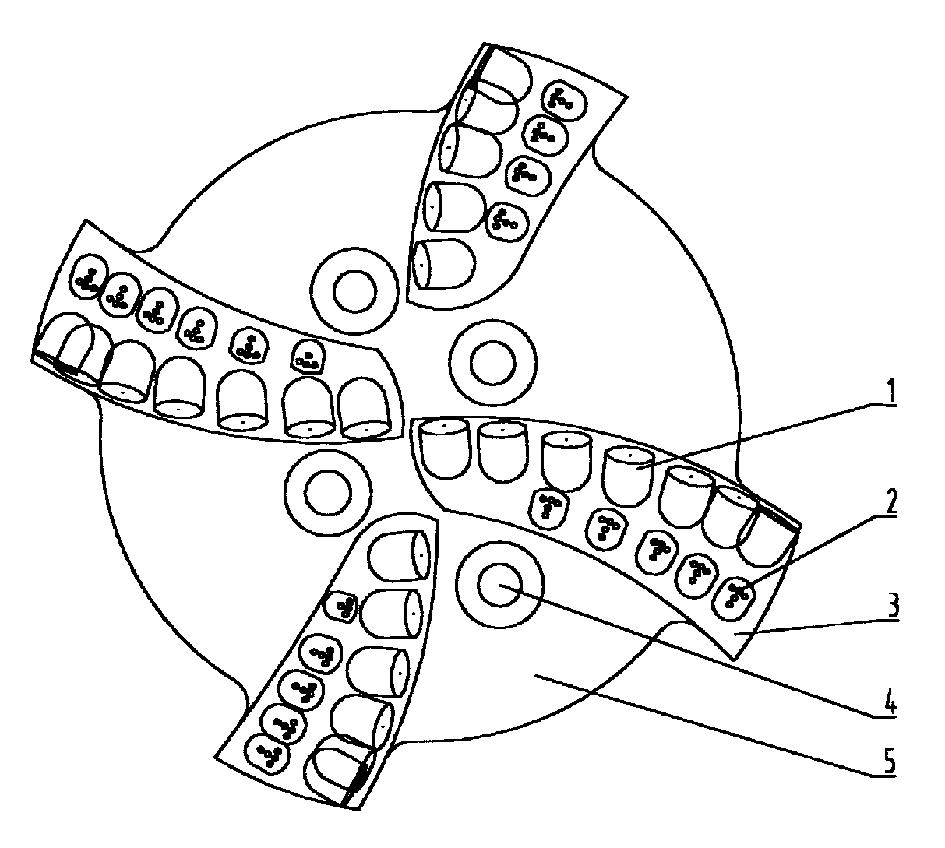 摘要附图摘要本实用新型属于石油及地质钻井用pdc钻头的结构改进.