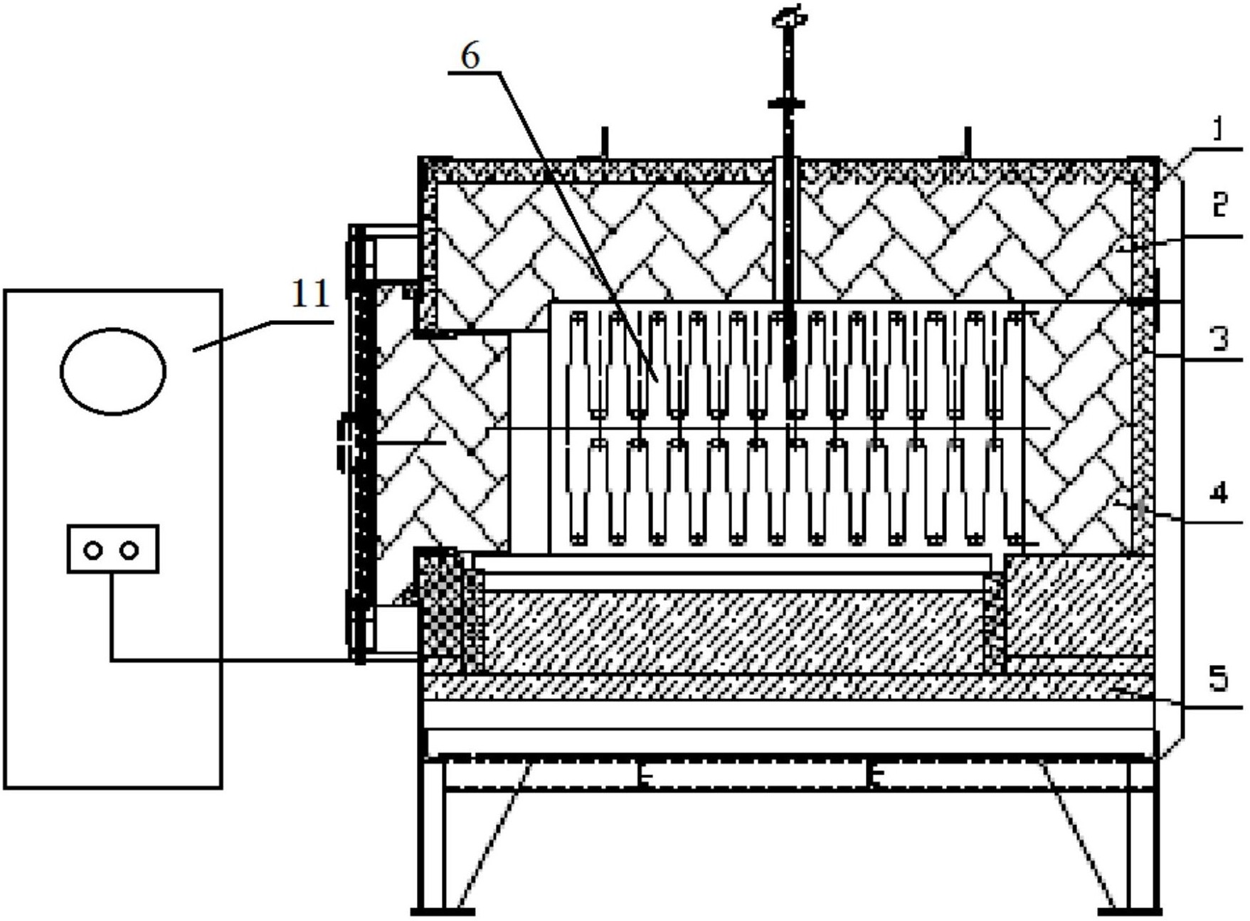 该焙烧炉的两个炉室均安装有电热装置,电热装置与温控装置连接,焙烧炉