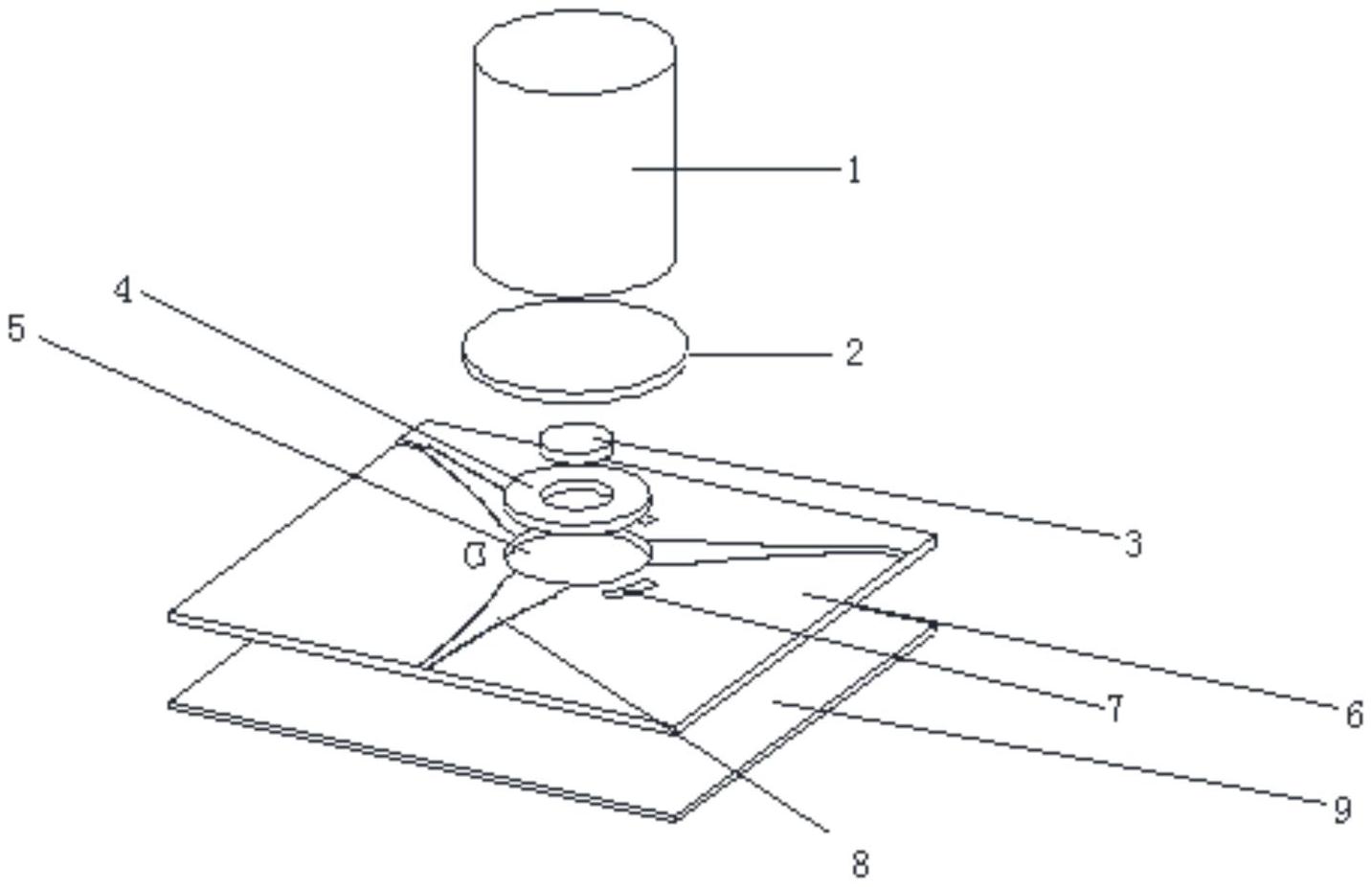 涉及一种微带环形器技术领域,包括磁钢,陶瓷盖板,高磁距铁氧化柱,低磁