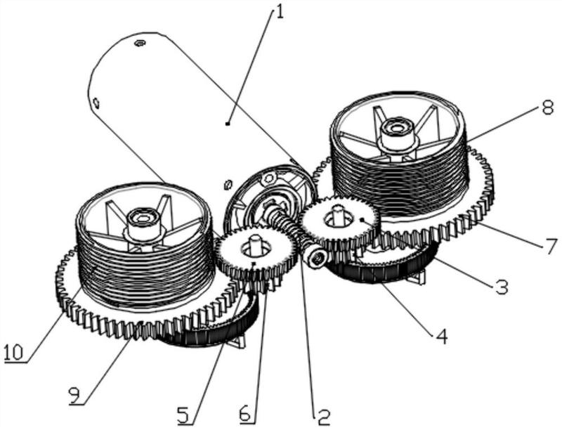 图摘要本实用新型公开了一种晾衣架的传动机构,包括电机,蜗杆,斜齿轮