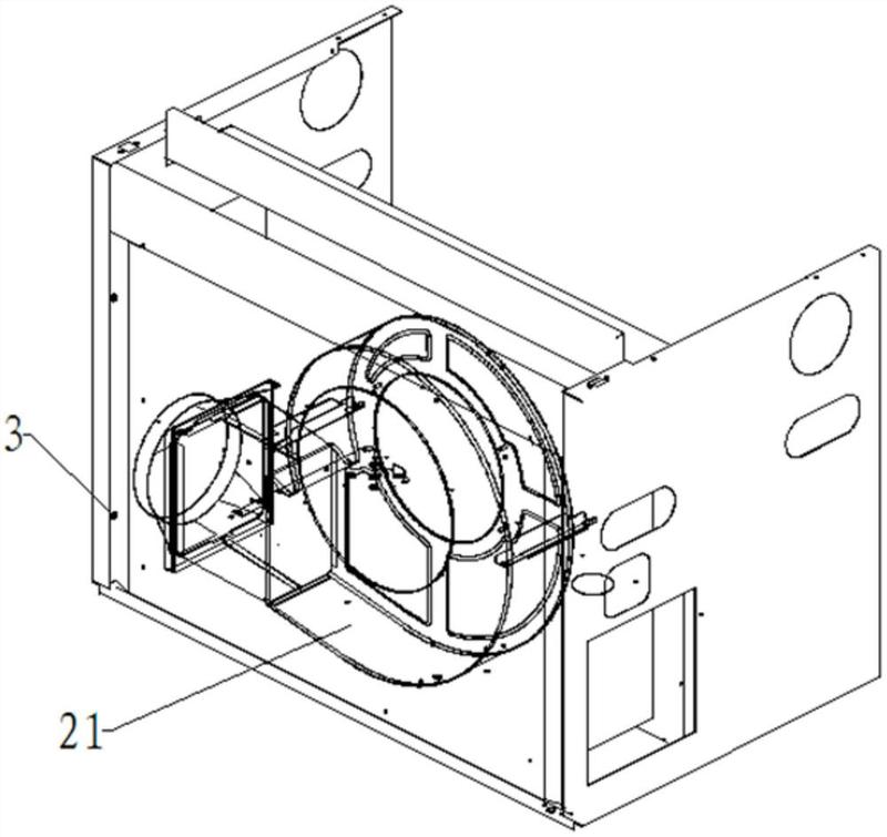 其左右两侧皆开设有排烟口,集成灶框架的后侧为中空结构;风箱,风箱内