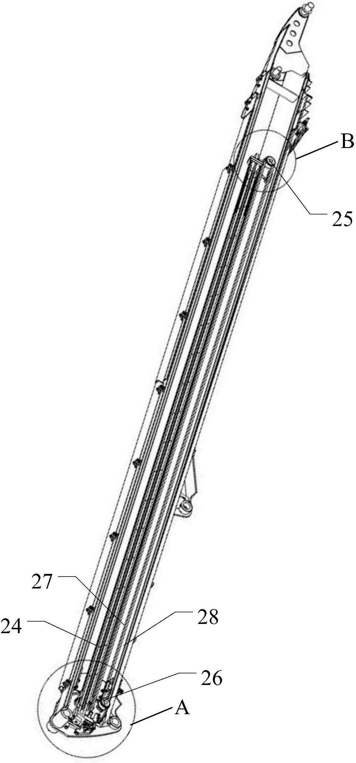 三节臂,伸缩油缸,伸绳链条及回绳链条;所述伸缩油缸包括缸筒及伸缩杆