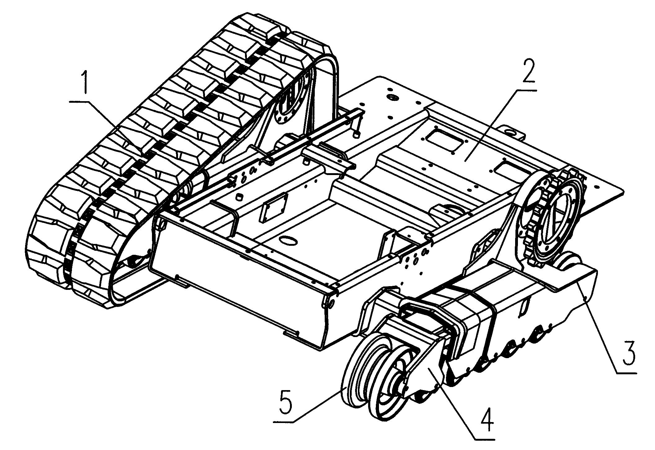 装载机的履带架机构,其特点在于履带架和下车架通过安装螺栓和定位销