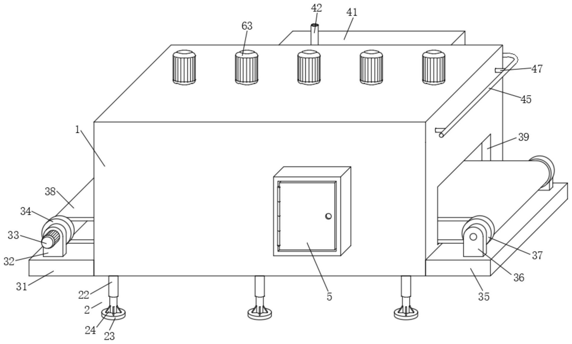 摘要附图摘要本发明公开了一种流态化速冻设备,包括机体,支撑机构