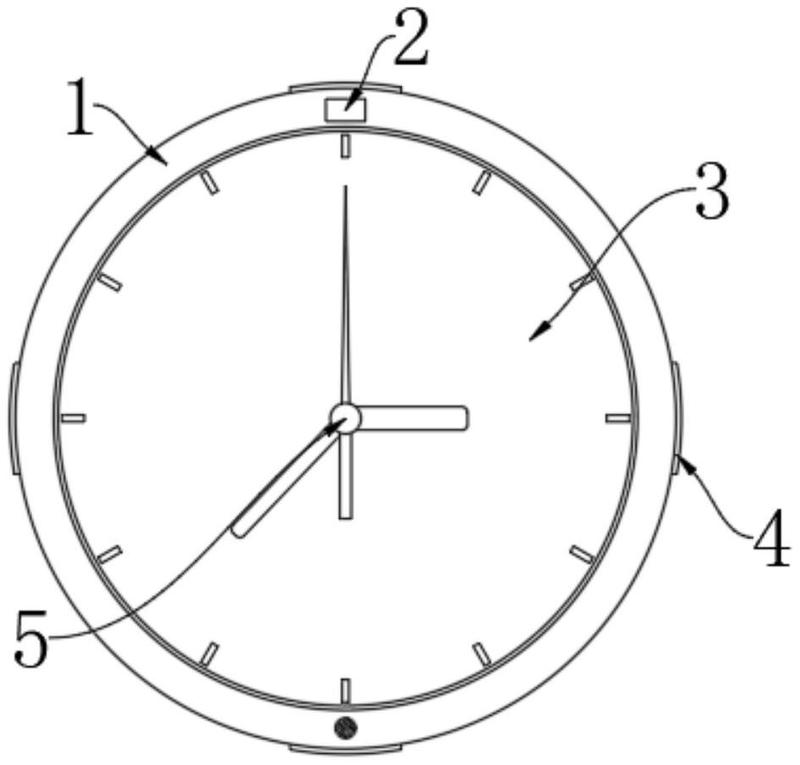 一端固定有固定结构,壳体的内部固定有盘面,盘面的一端设置有挂钟指针