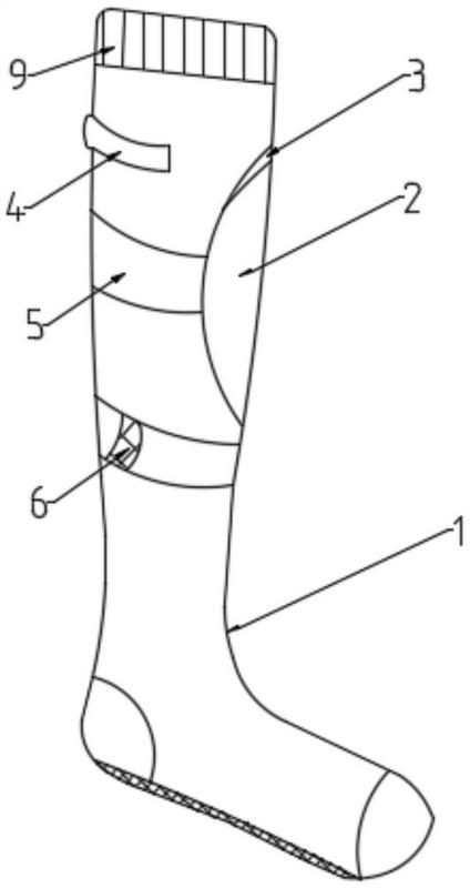 袜子主体上设有夹层,夹层内设有护腿板,夹层内侧具有缓冲层,袜子主体