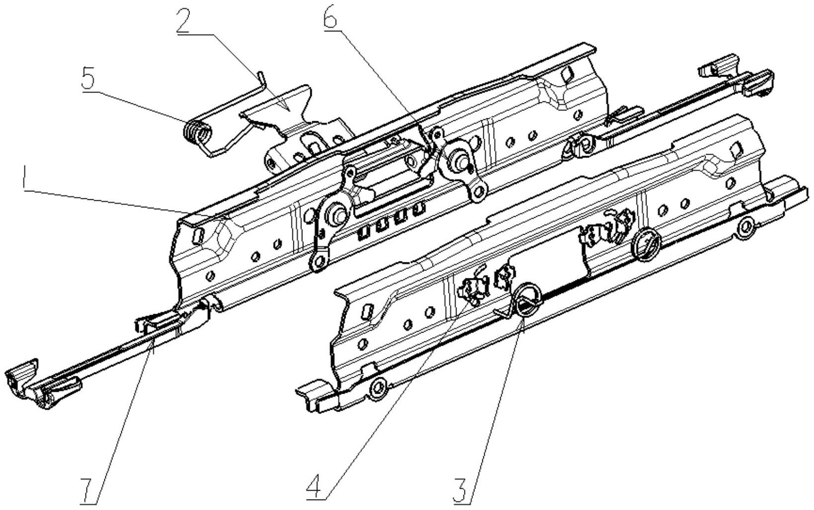 新型涉及一种汽车座椅滑轨用联动解锁机构,包括长滑轨上轨本体,锁止片