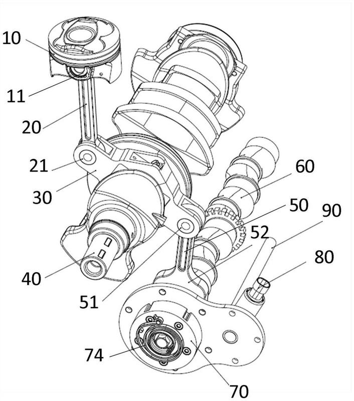 发动机压缩比连续可变的多连杆装置,包括活塞,上连杆,摇臂总成,曲轴