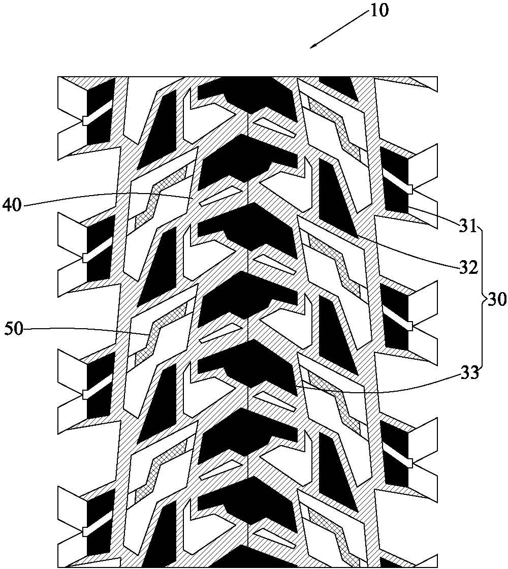 图摘要本实用新型公开了一种越野自行车轮胎,其胎冠上分布第一花纹块