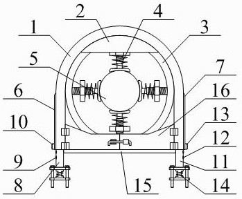 管道的马脚隔振装置,包括保护外壳,上侧挡板,圆形环,可调节顶紧架结构